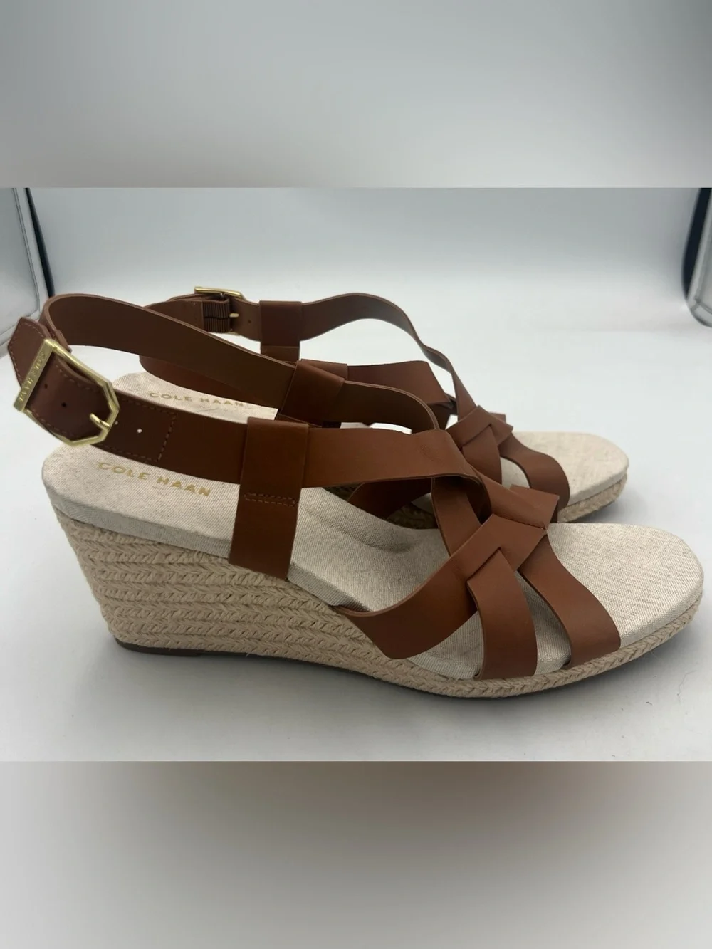 COLE HAAN Crystal Brown Espadrille Strappy Wedge Sandals Women’s Size 9 New